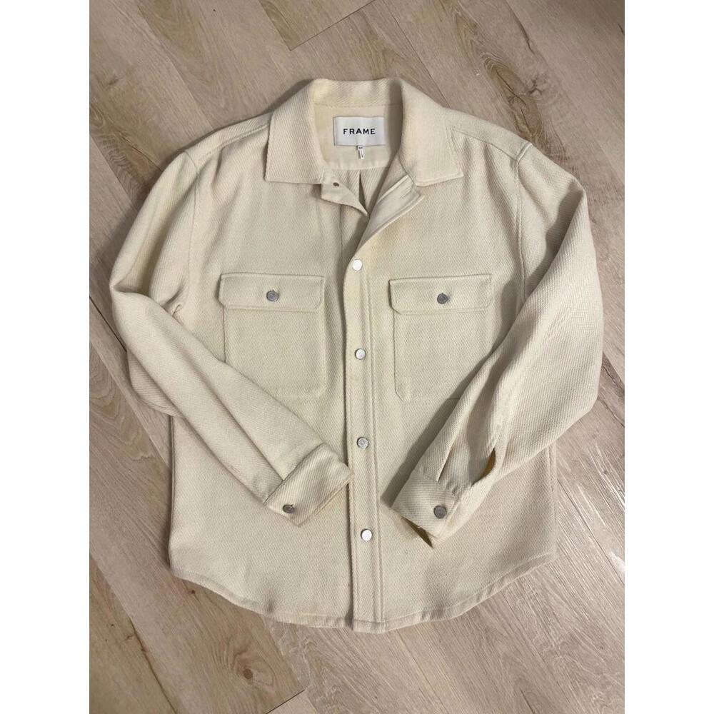 Designer FRAME Mens Cotton Overshirt Jacket in Ecru/Off White - Size Small